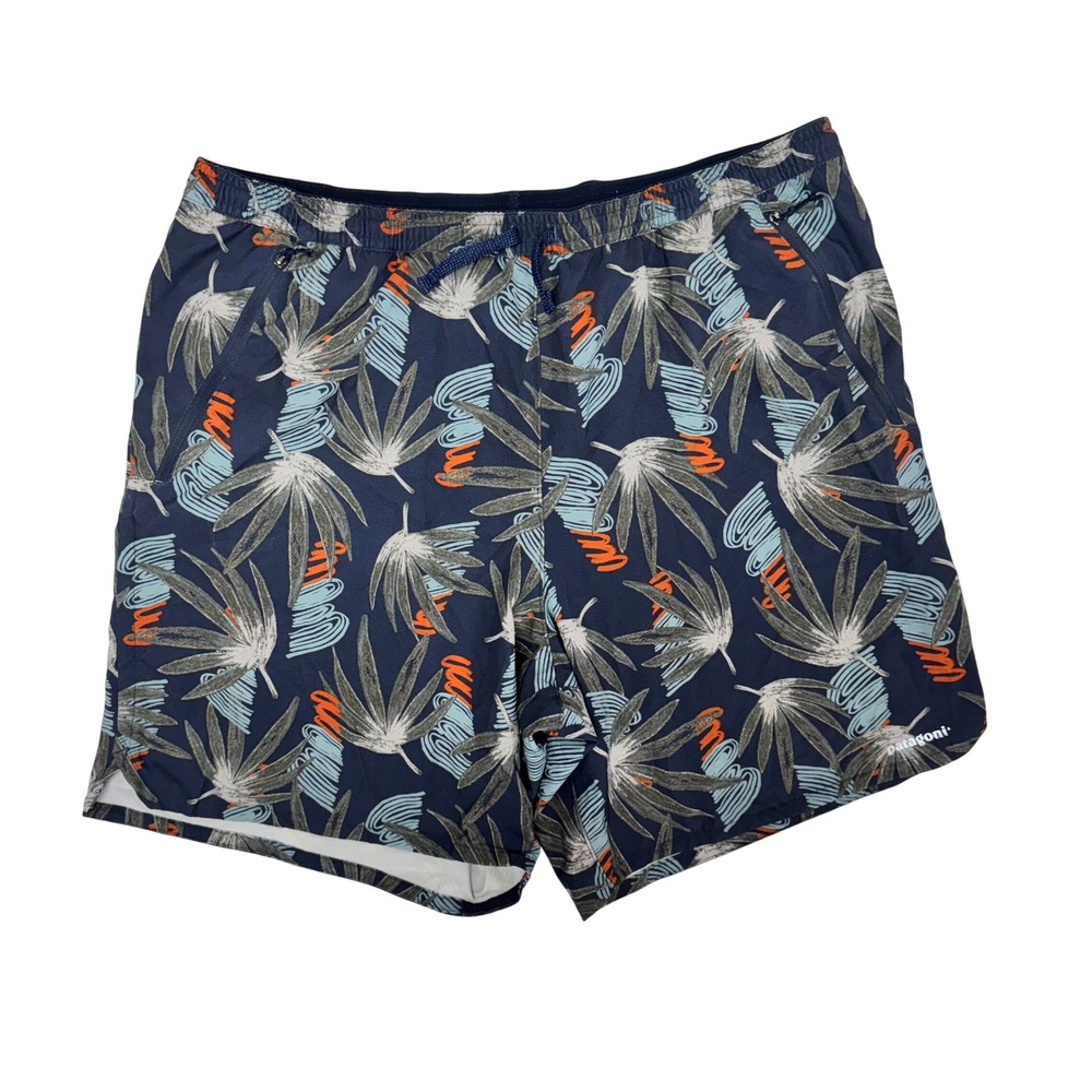 Patagonia Mens Nine Trails Shorts Navy Tropical Palm Print Running Hiking XL